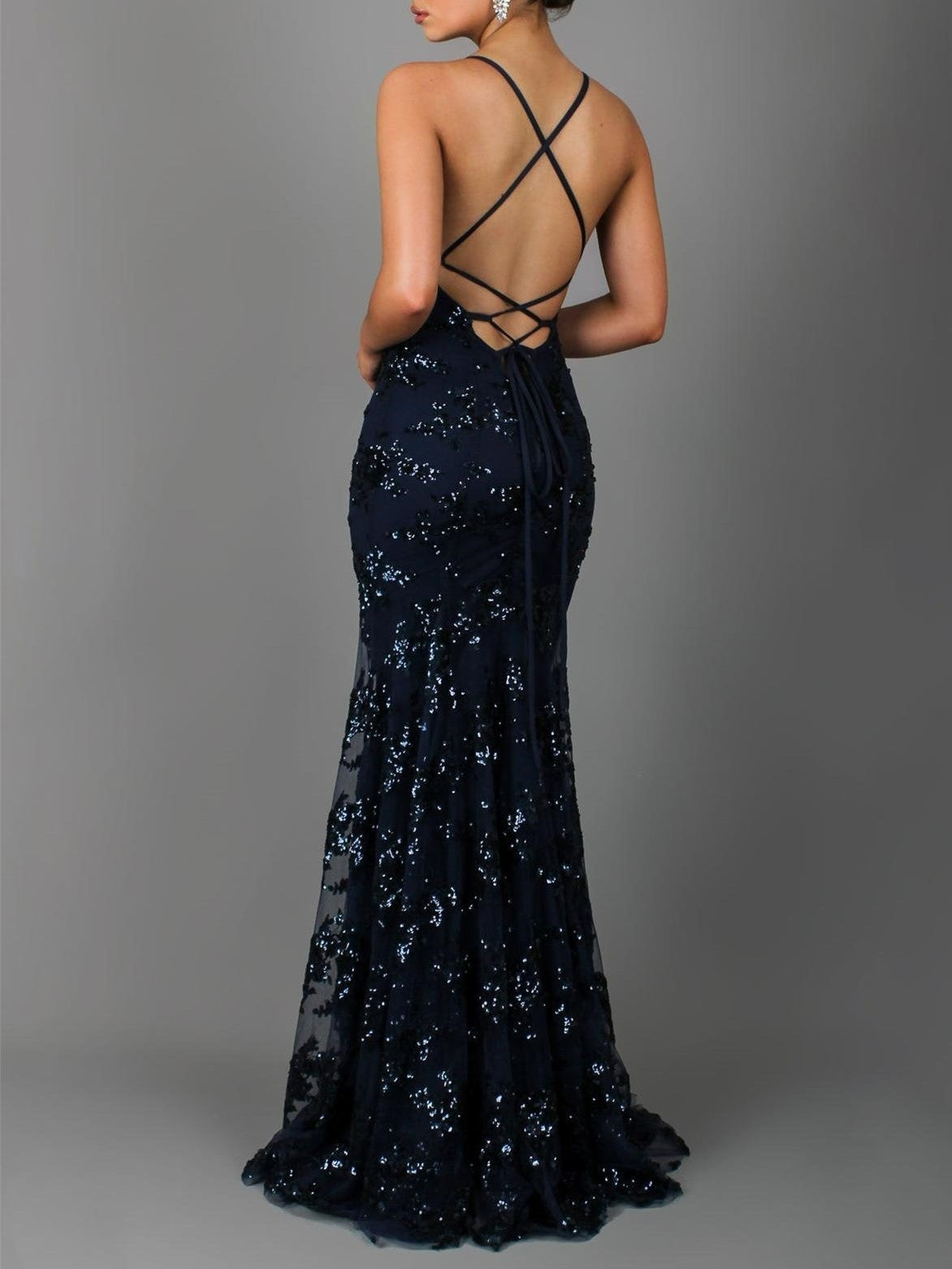 Sequin V-Neck Backless Maxi Dress-thevervian