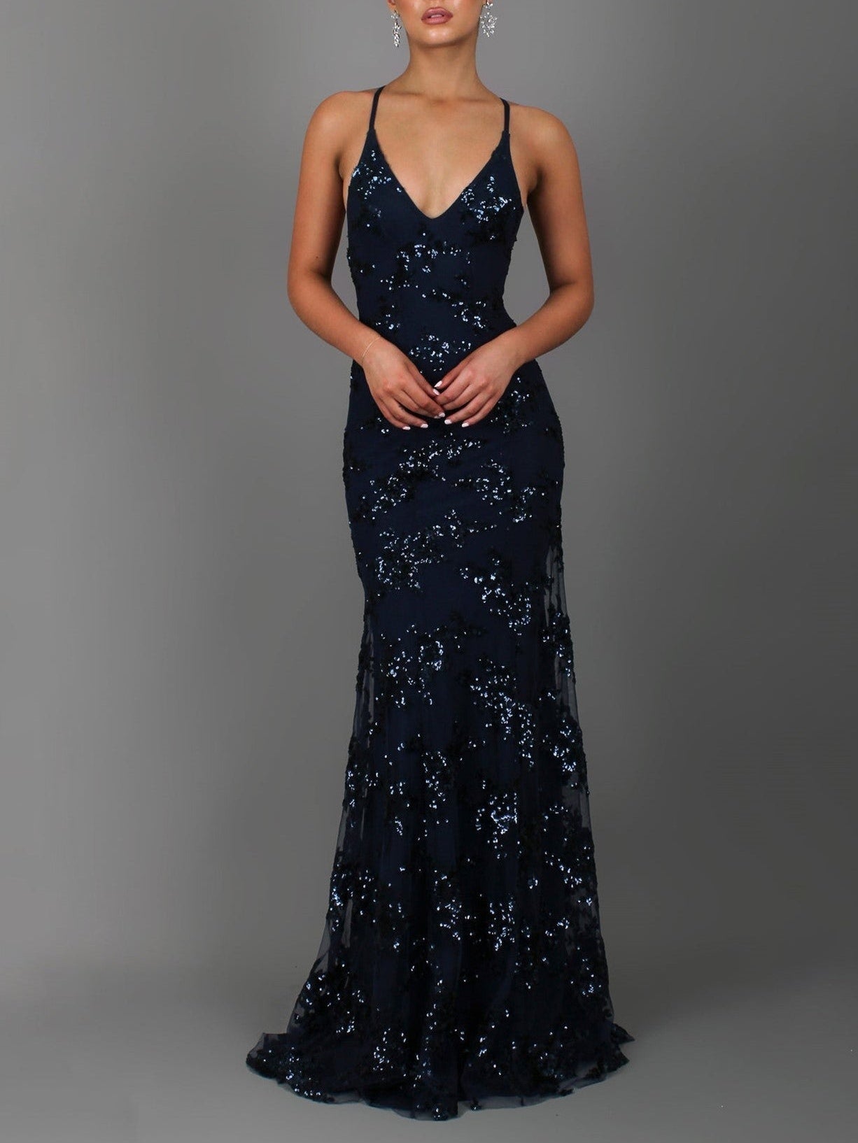 Sequin V-Neck Backless Maxi Dress-thevervian