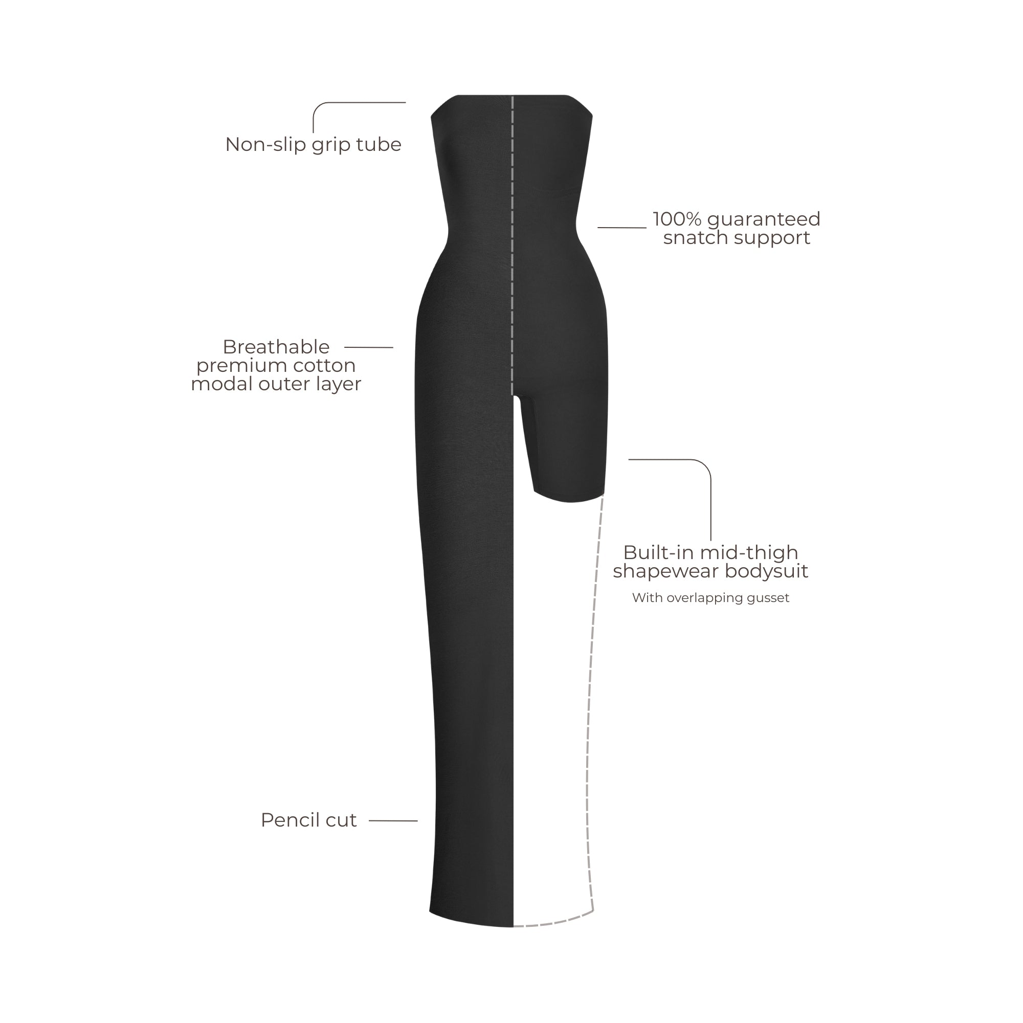 Black bodysuit with text labels on a white background.