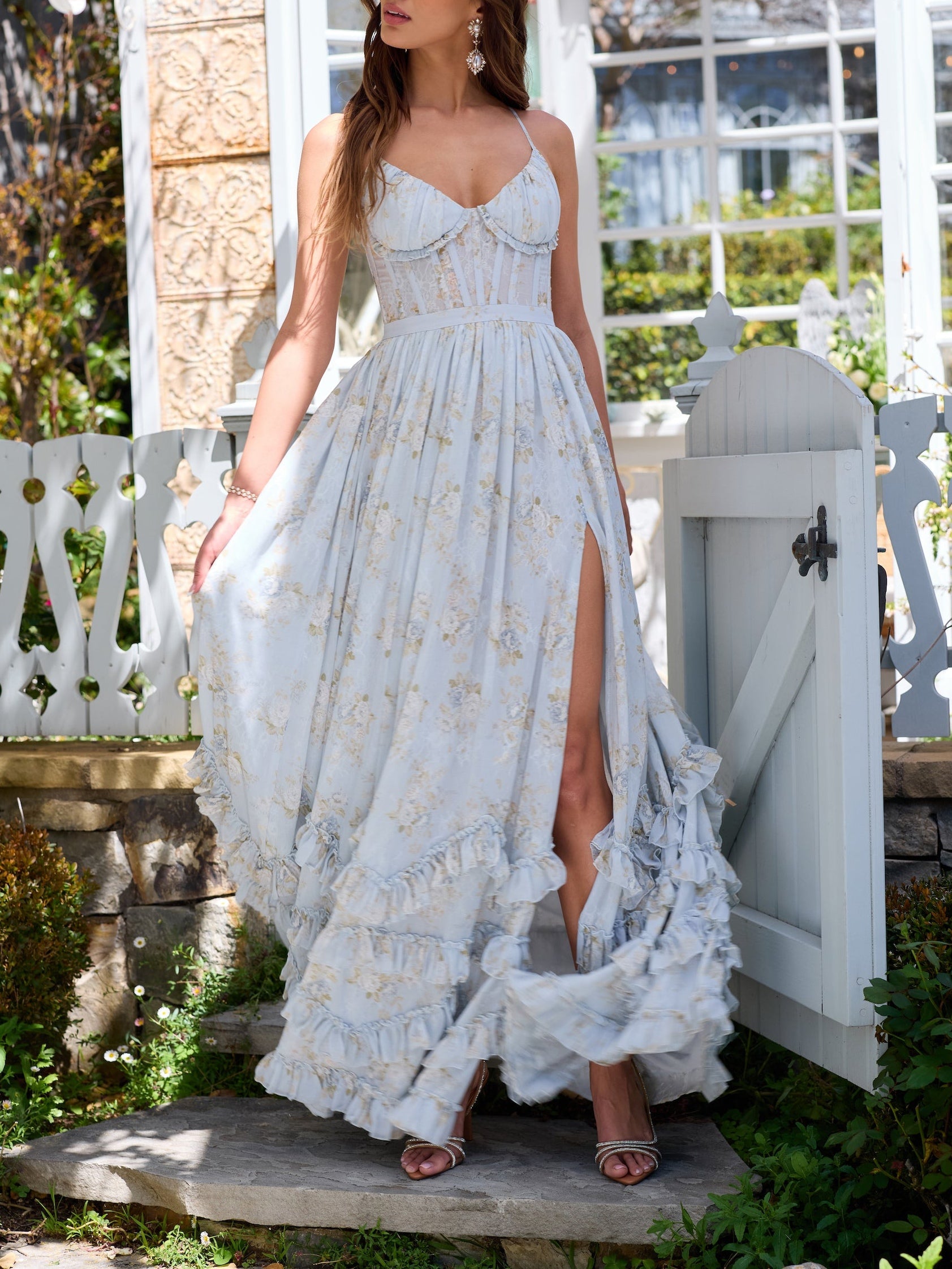 Floral Frill Split Maxi Dress-thevervian
