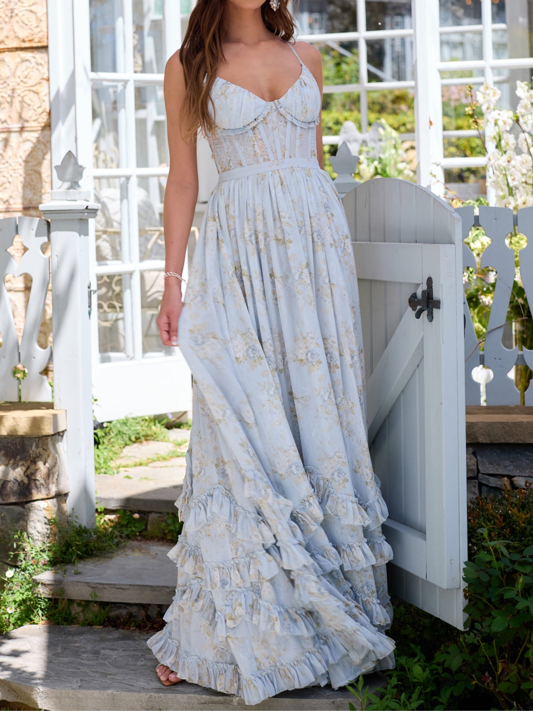 Floral Frill Split Maxi Dress-thevervian