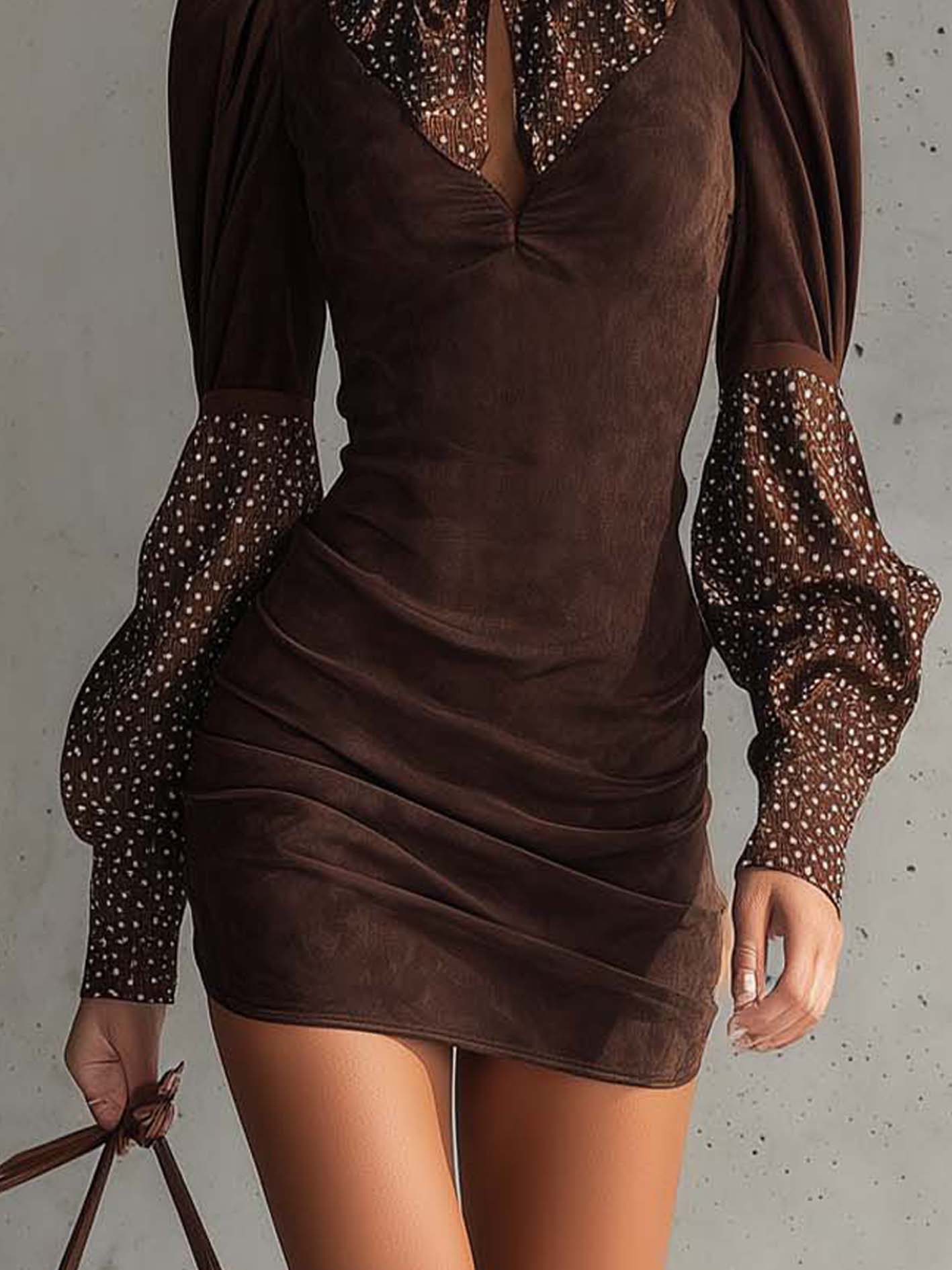 Brown Faux Suede Bodycon Dress With Satin Polka Dots-thevervian