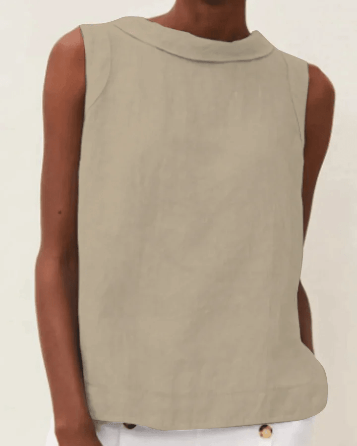 Linen Short-sleeved Blouse With A Round Neck-thevervian