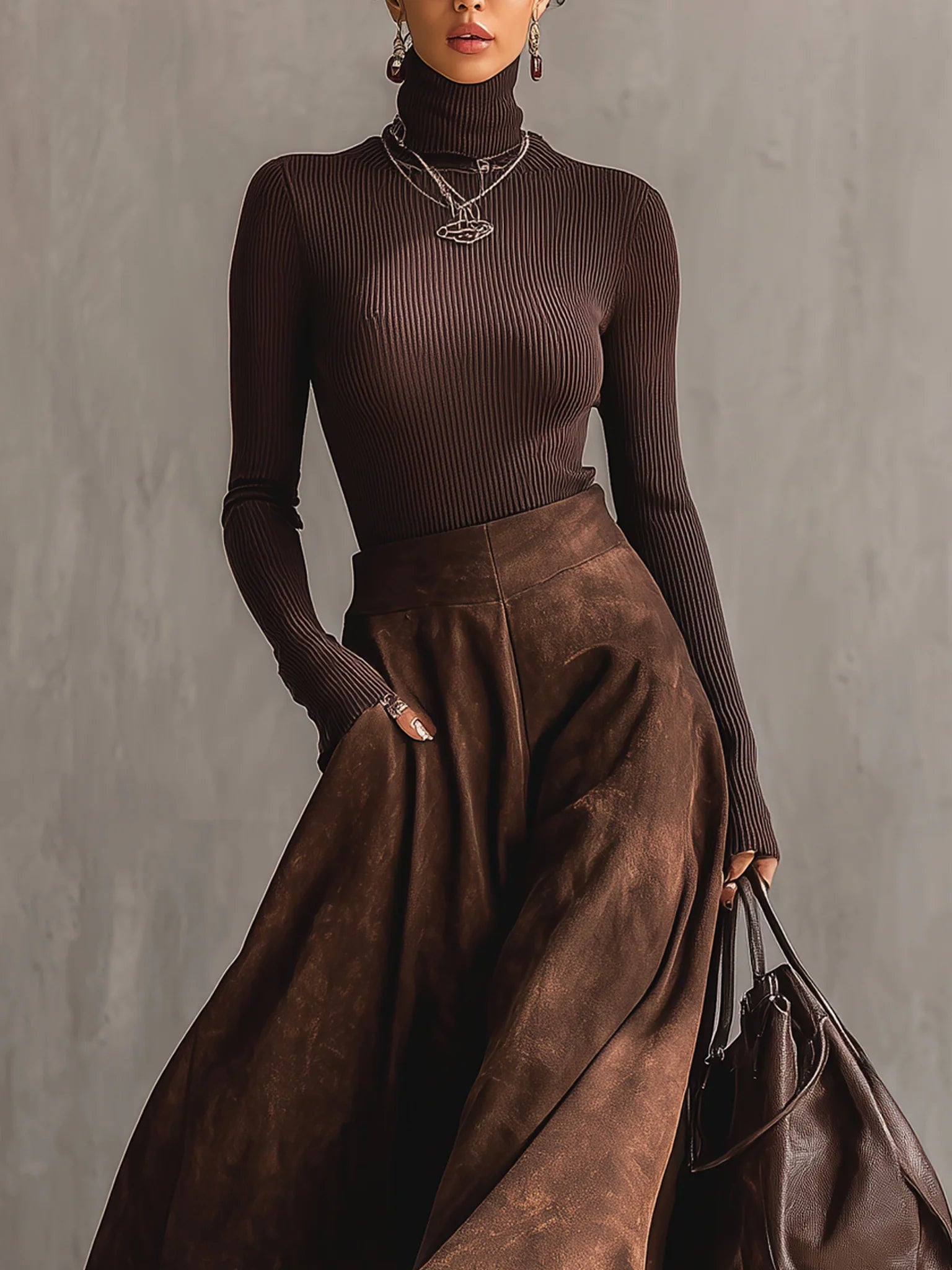 Coffee Distressed Suede Midi Skirt Set-thevervian