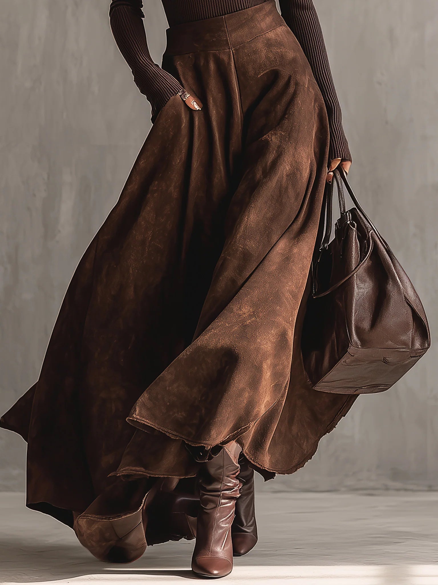 Coffee Distressed Suede Midi Skirt Set-thevervian