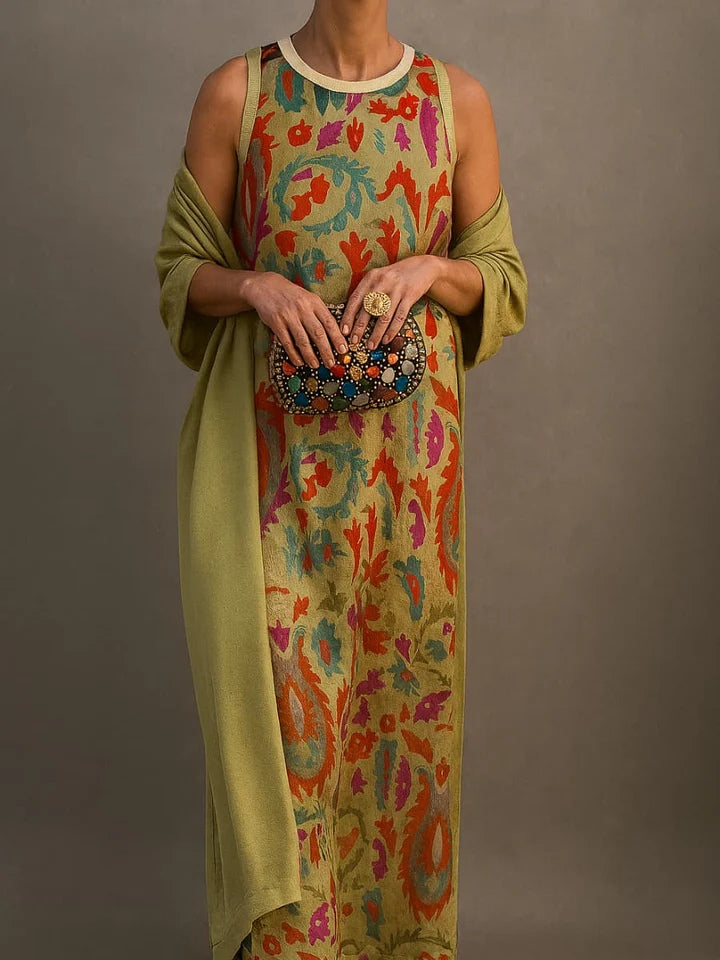 Elegant printed two-piece dress with cape-thevervian