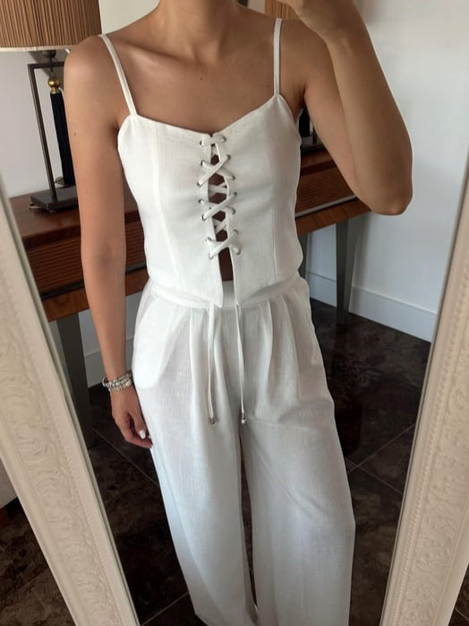 Linen Blend Tie Front Camisole Two-Piece Set-thevervian