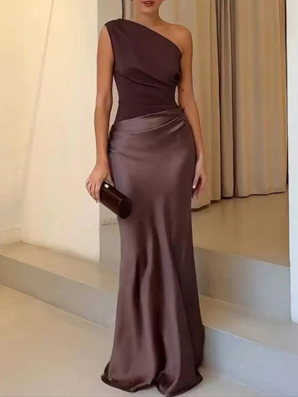 One Shoulder Neck Pleated Party Maxi Dress-thevervian