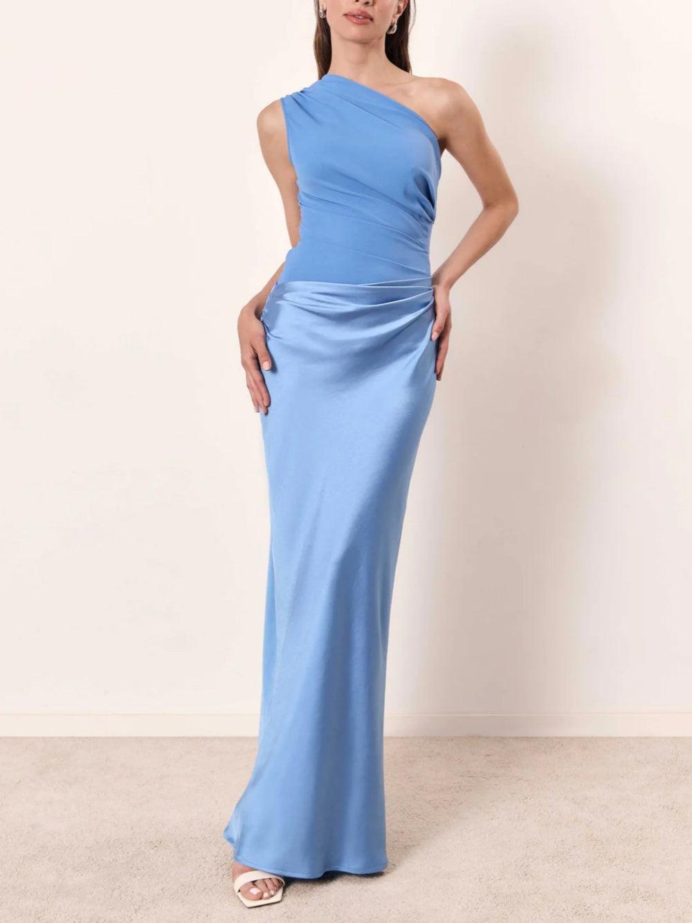 One Shoulder Neck Pleated Party Maxi Dress-thevervian
