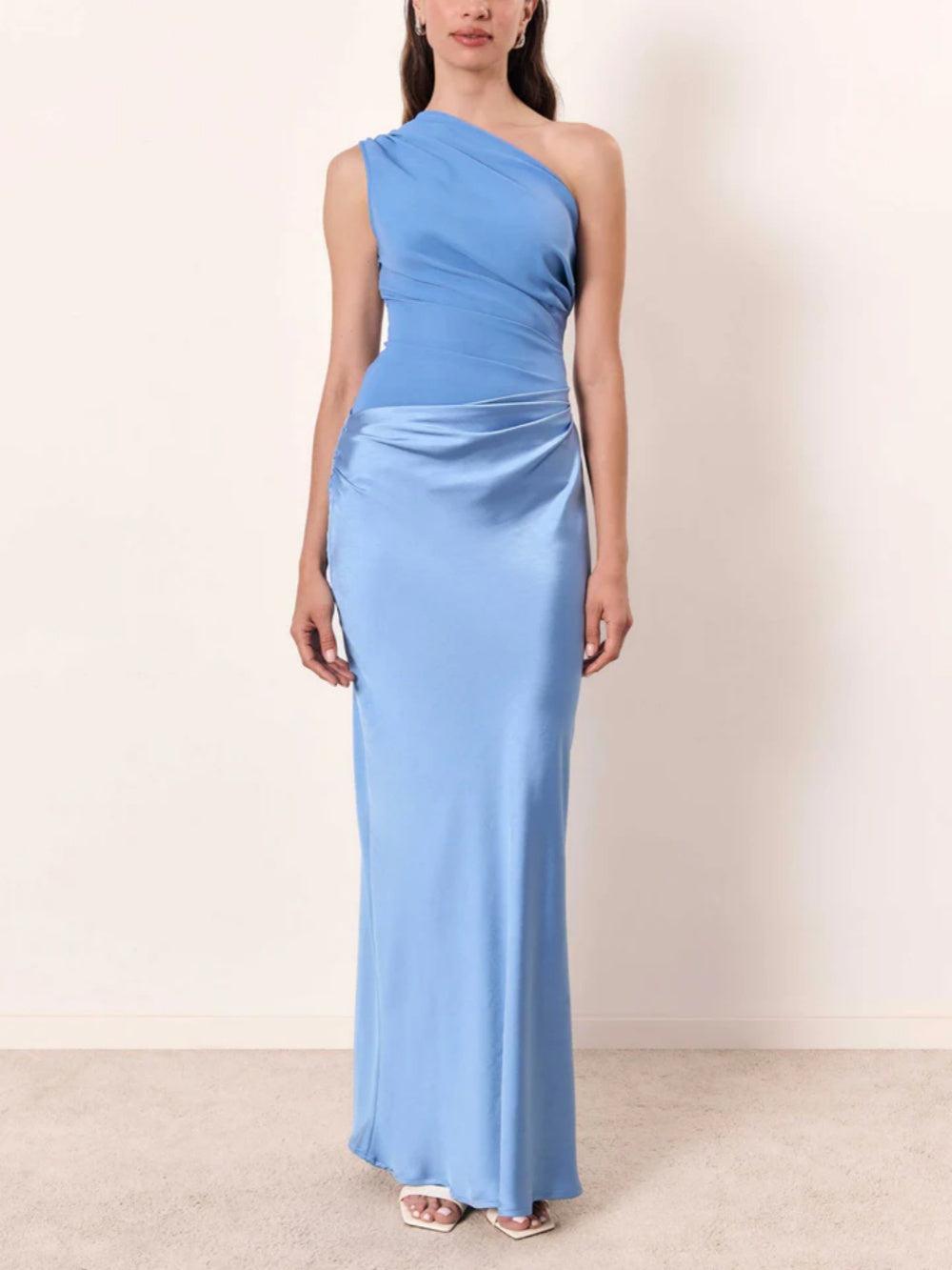 One Shoulder Neck Pleated Party Maxi Dress-thevervian