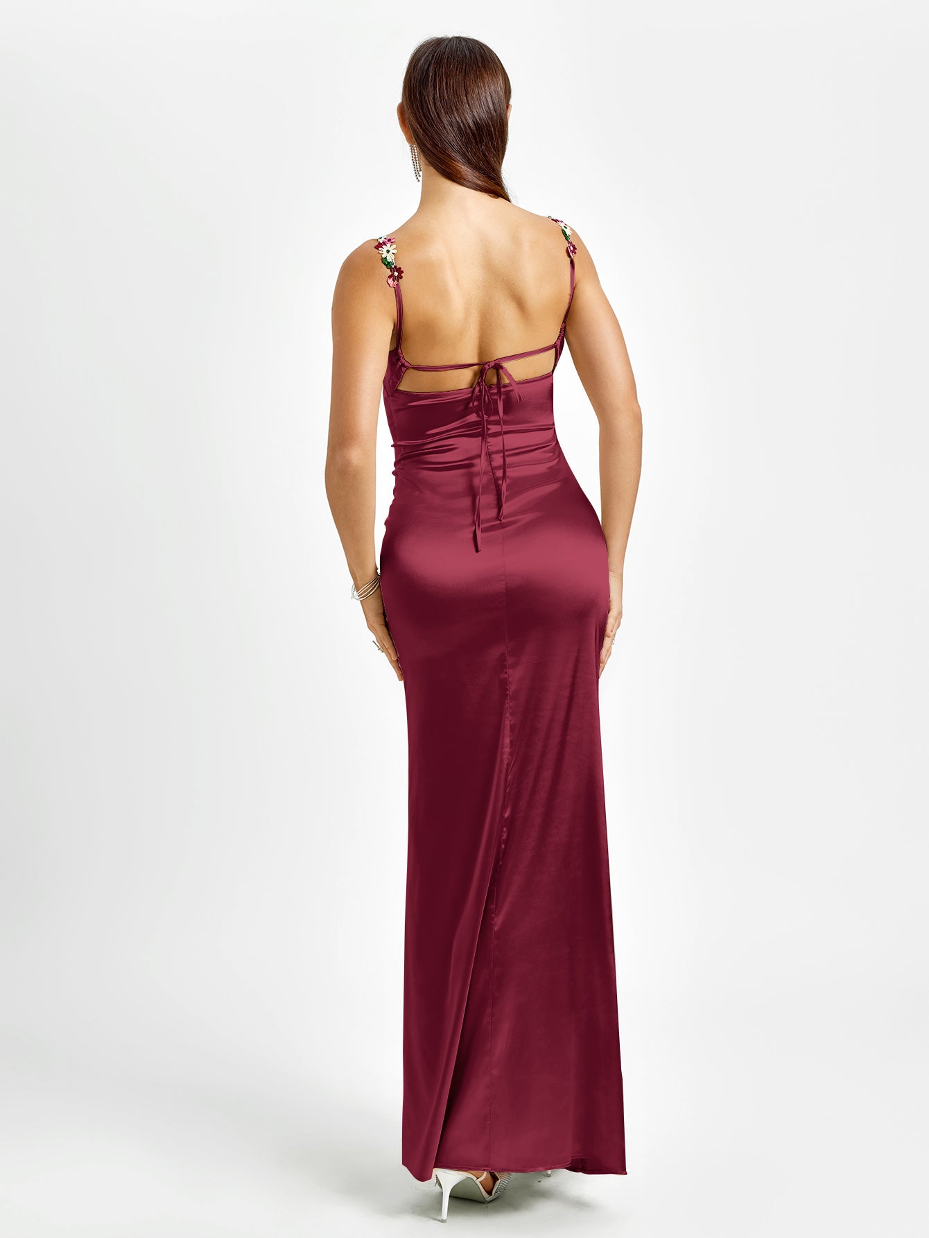 tie back embellished strap satin bodycon dress#color_wine