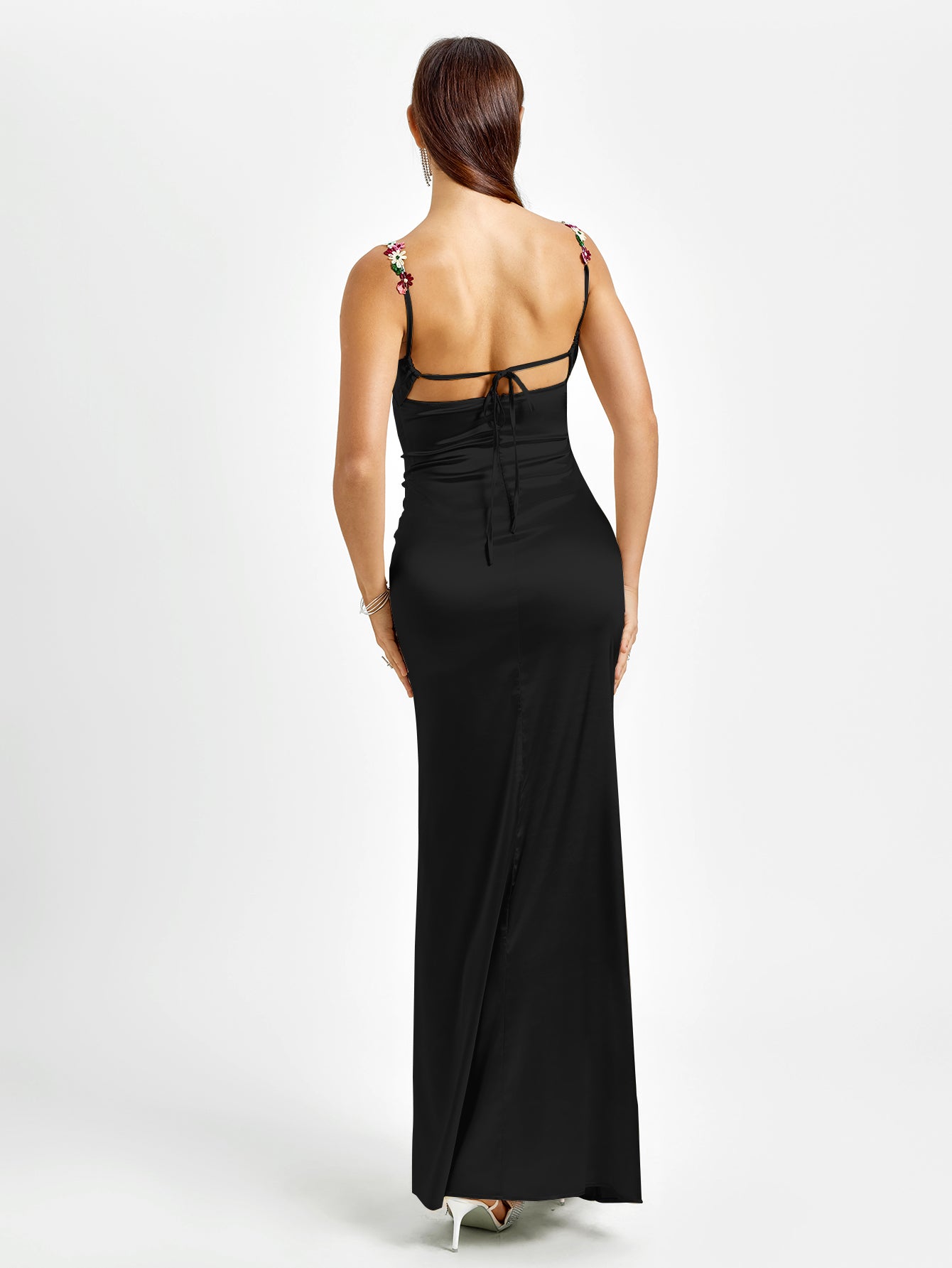 tie back embellished strap satin bodycon dress#color_black