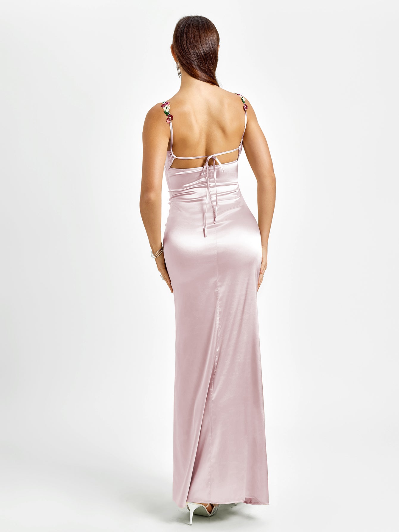 tie back embellished strap satin bodycon dress#color_pink