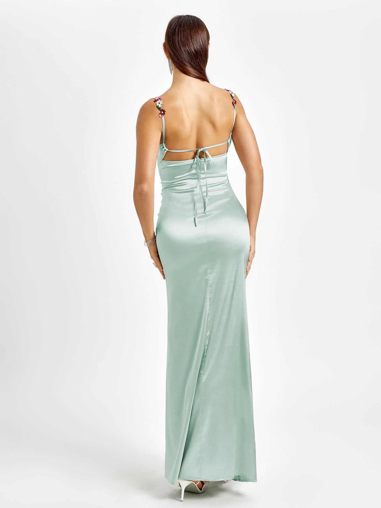 tie back embellished strap satin bodycon dress#color_sage
