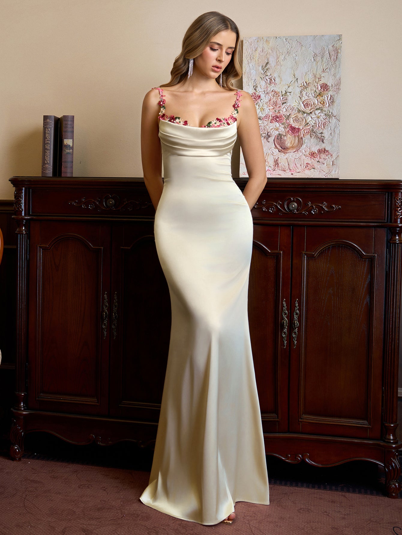 Satin Tie Back Embellished Strap Bodycon Dress#color_ivory