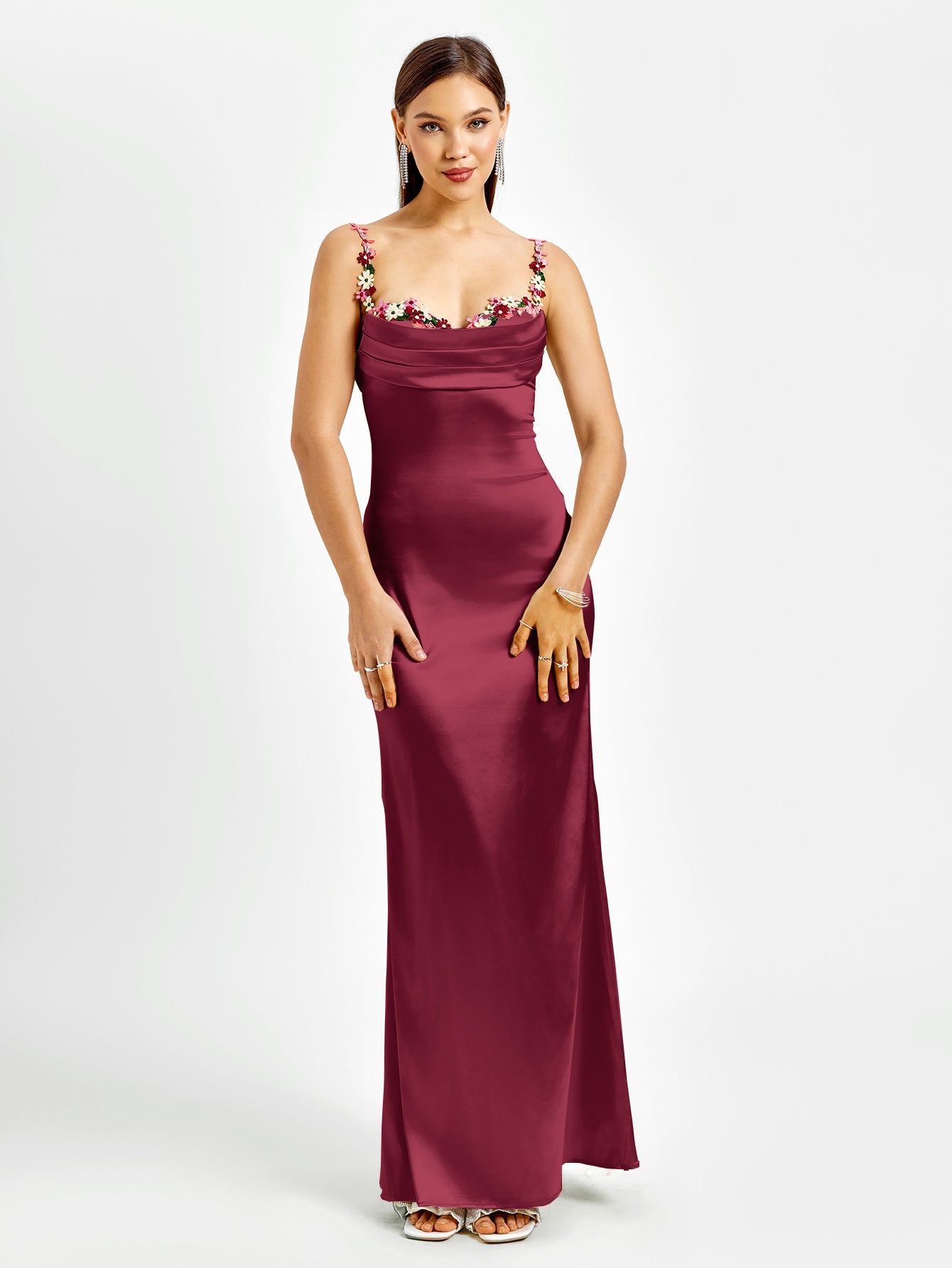 tie back satin embellished strap bodycon dress#color_wine