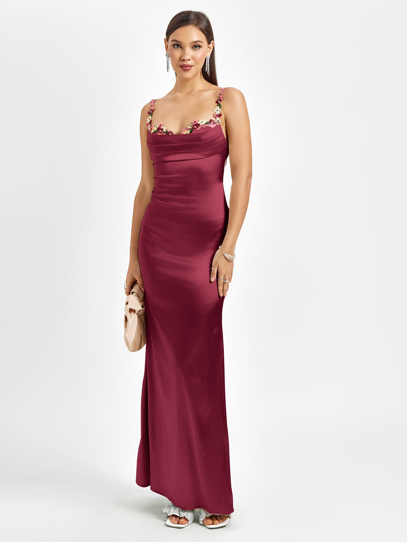 embellished strap tie back satin bodycon dress#color_wine