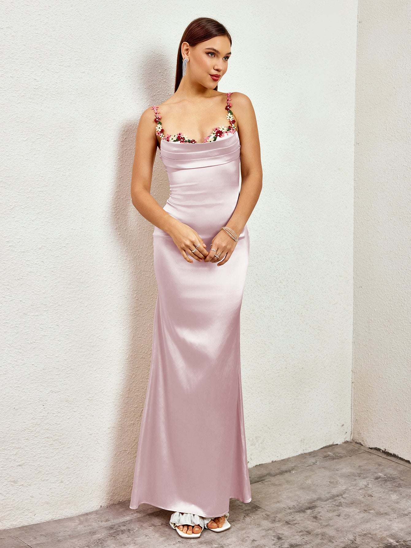 satin embellished strap tie back bodycon dress#color_pink