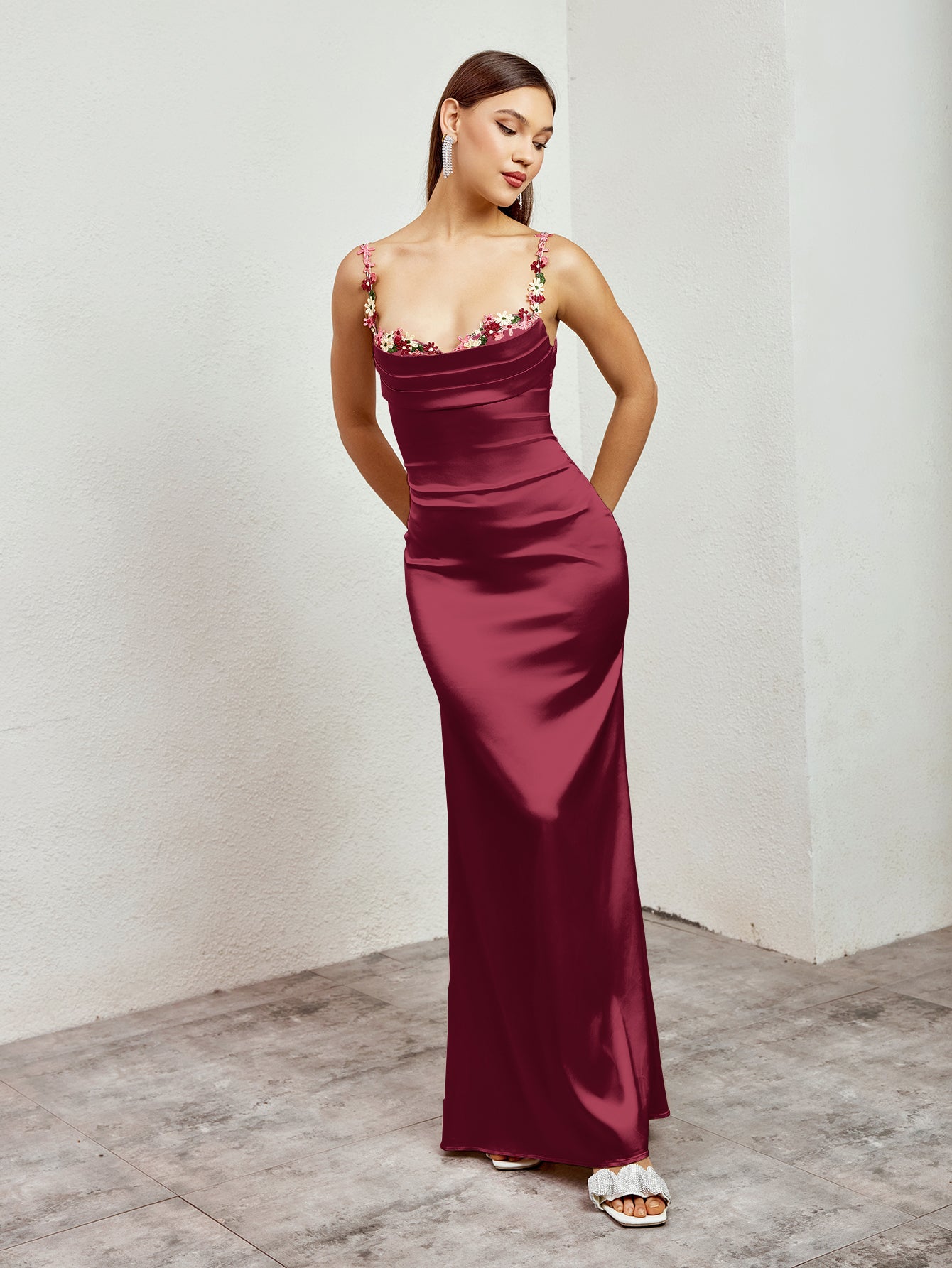 satin embellished strap tie back bodycon dress#color_wine
