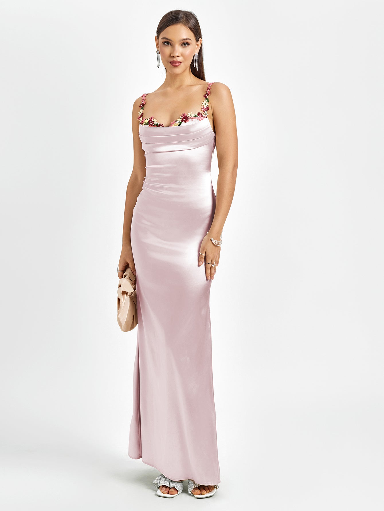 tie back satin embellished strap bodycon dress#color_pink