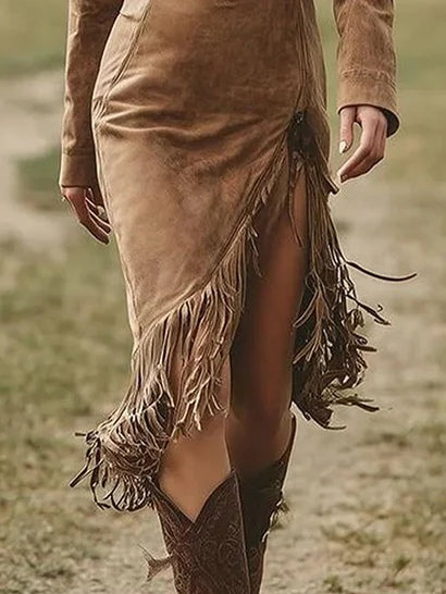 Suede Long-sleeved Irregular Tassel Hem Midi Dress-thevervian