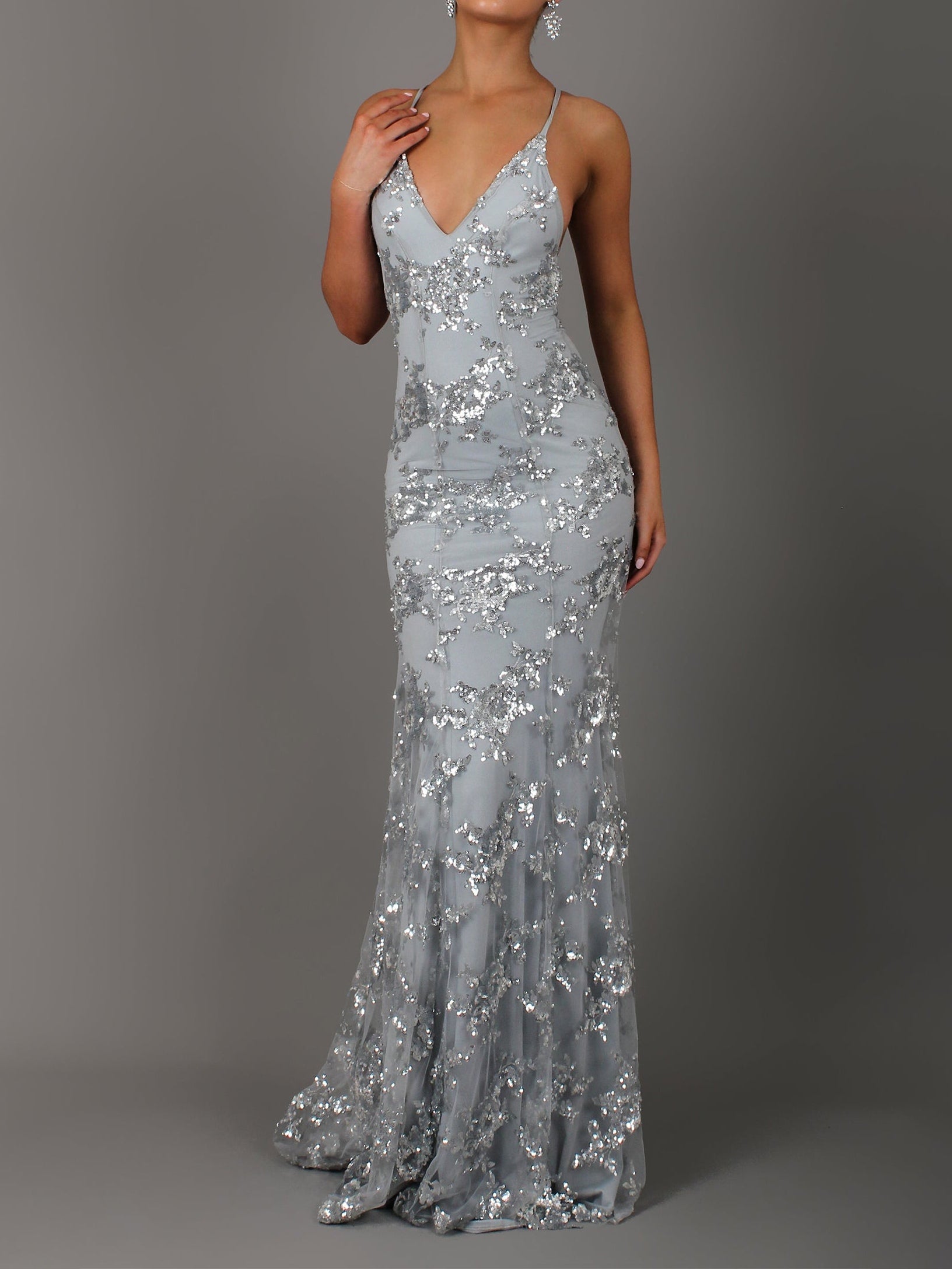 Sequin V-Neck Backless Maxi Dress-thevervian