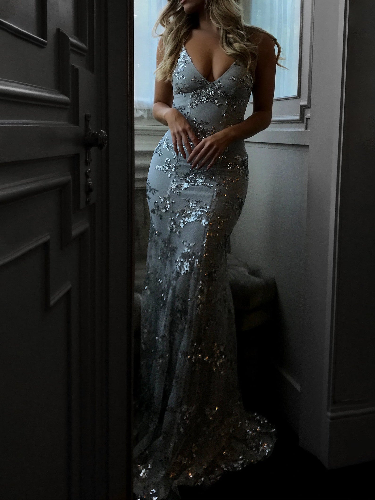 Sequin V-Neck Backless Maxi Dress-thevervian