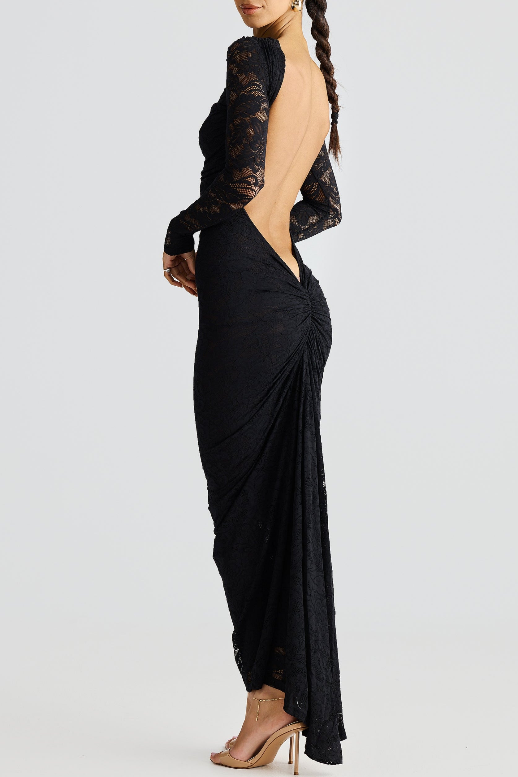 Hollowed Lace Long Sleeved Backless Maxi Dress-thevervian