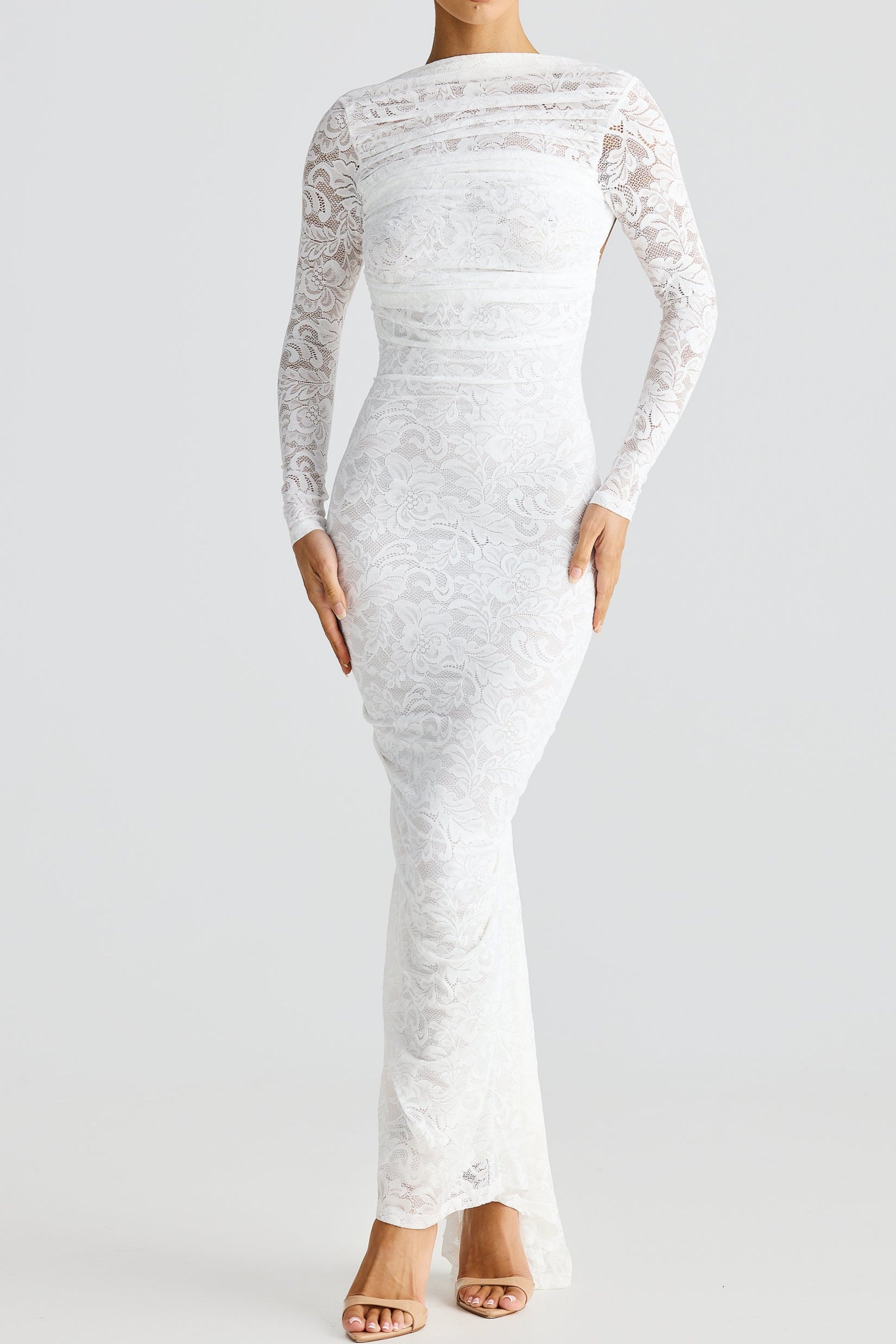Hollowed Lace Long Sleeved Backless Maxi Dress-thevervian