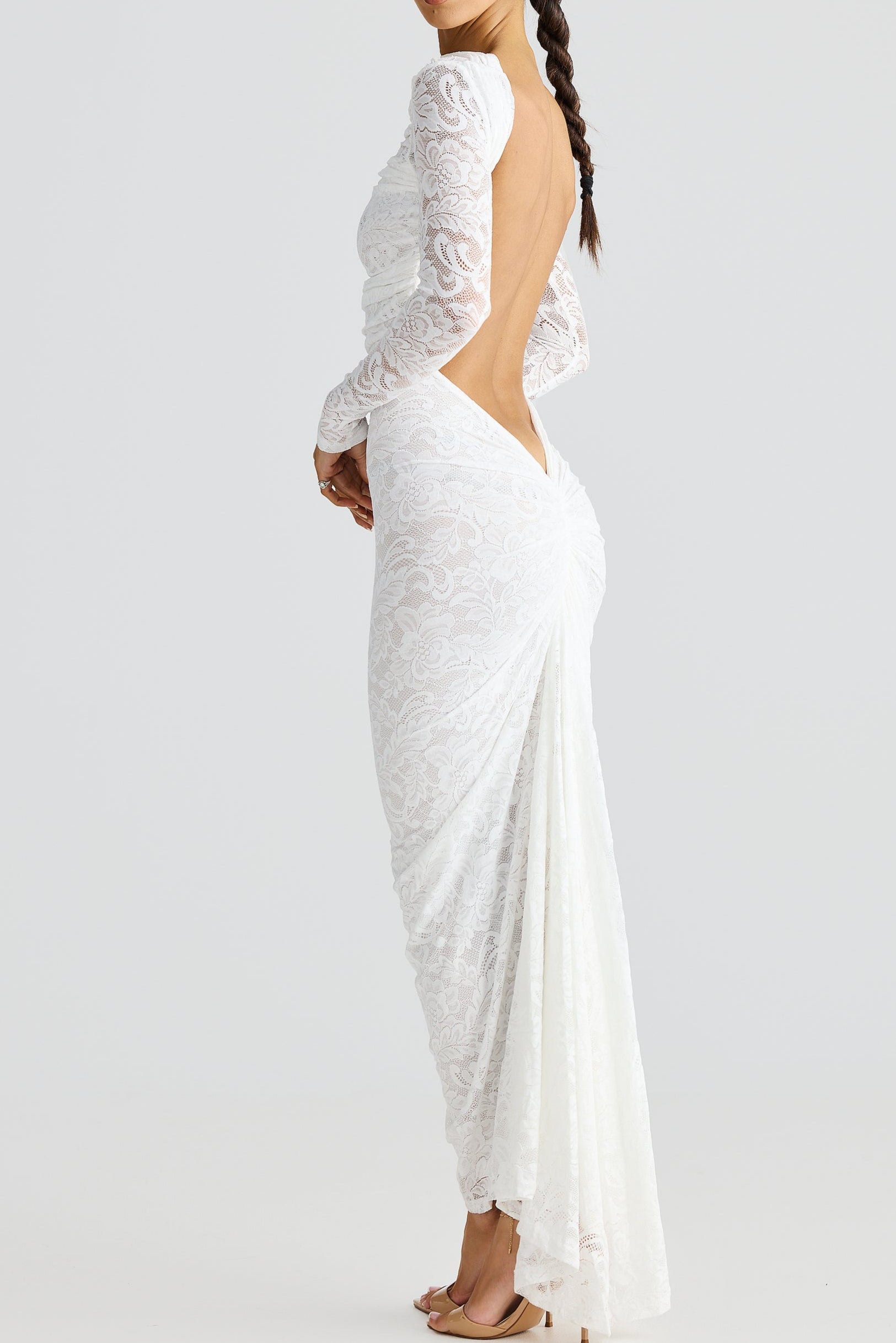 Hollowed Lace Long Sleeved Backless Maxi Dress-thevervian