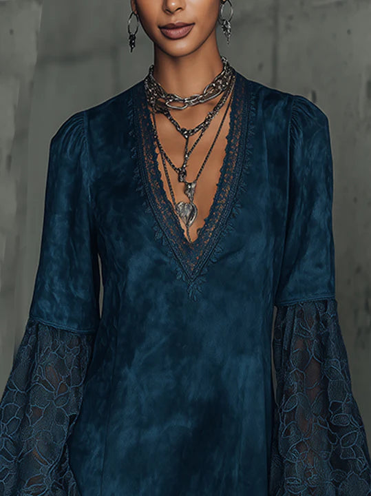 Faux suede flared sleeve lace mini dress-thevervian