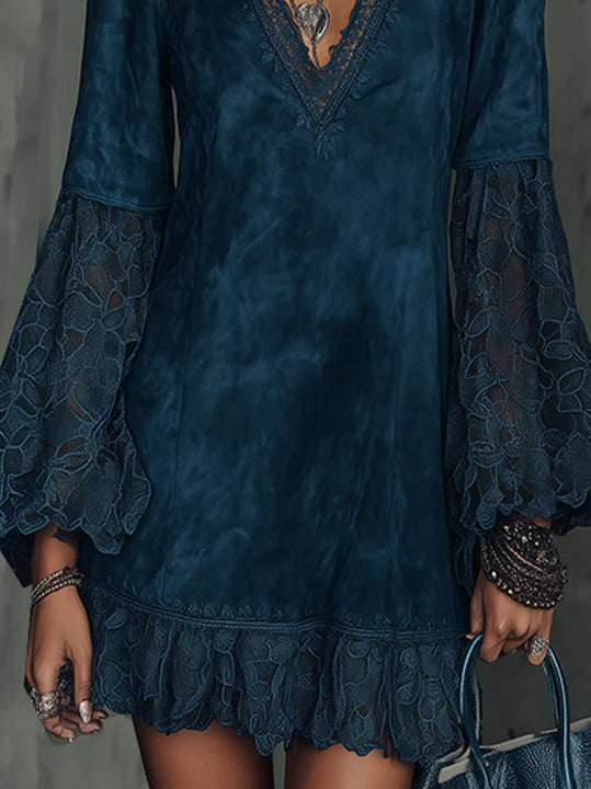 Faux suede flared sleeve lace mini dress-thevervian