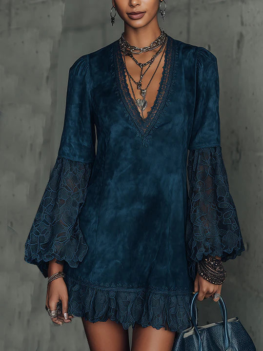 Faux suede flared sleeve lace mini dress-thevervian