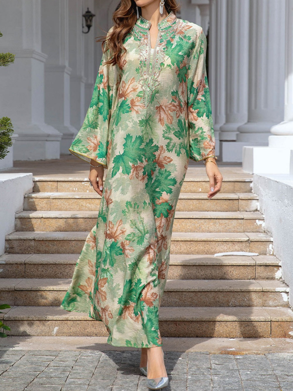 Maple Leaf Print Maxi Dress Robe-thevervian