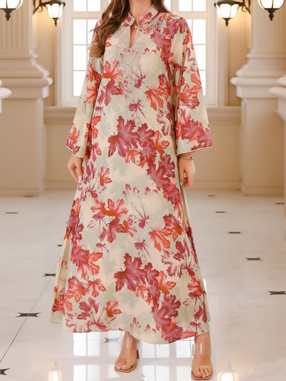 Maple Leaf Print Maxi Dress Robe-thevervian