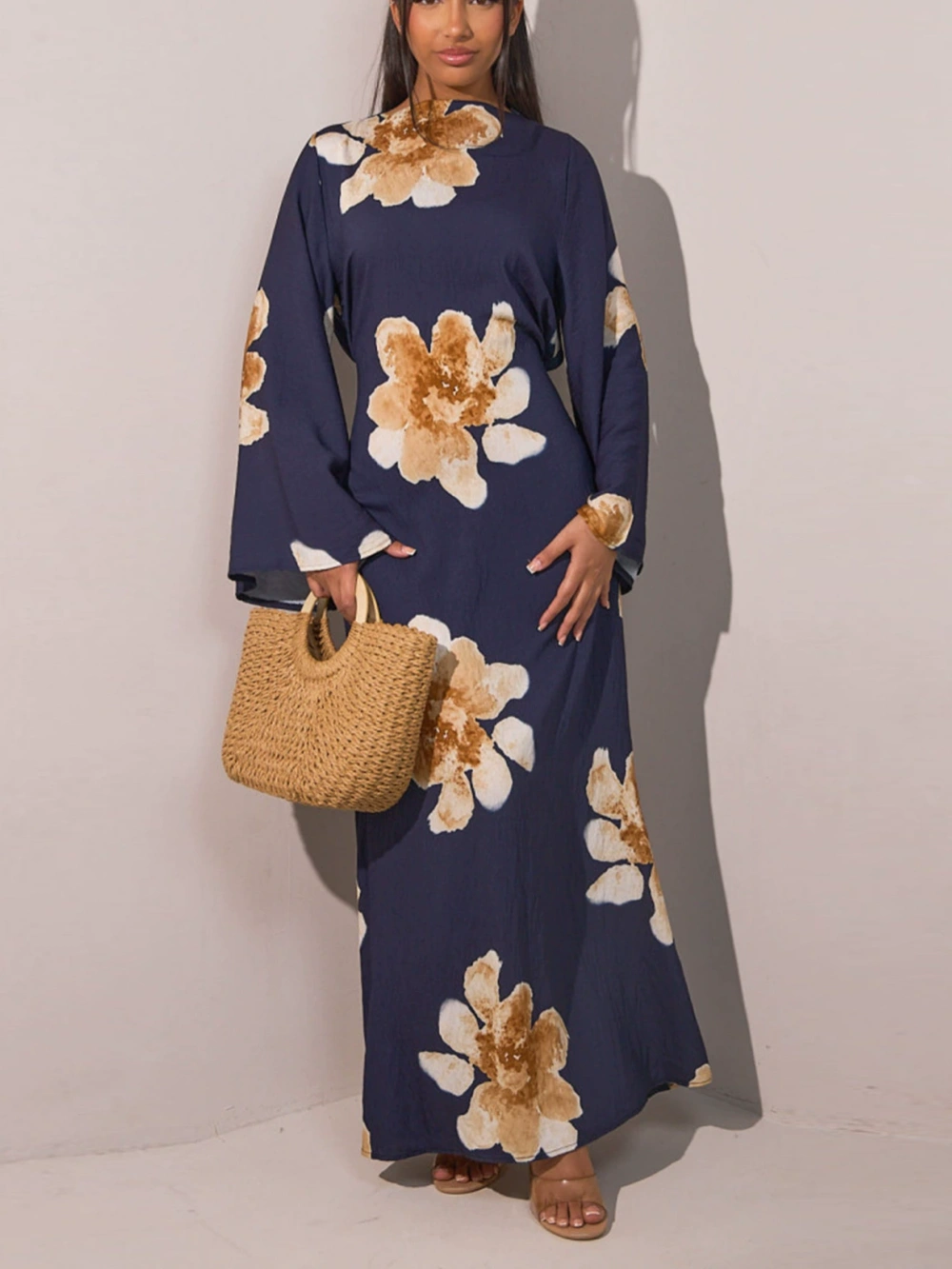 Printed dress with a tight waist maxi dress-thevervian
