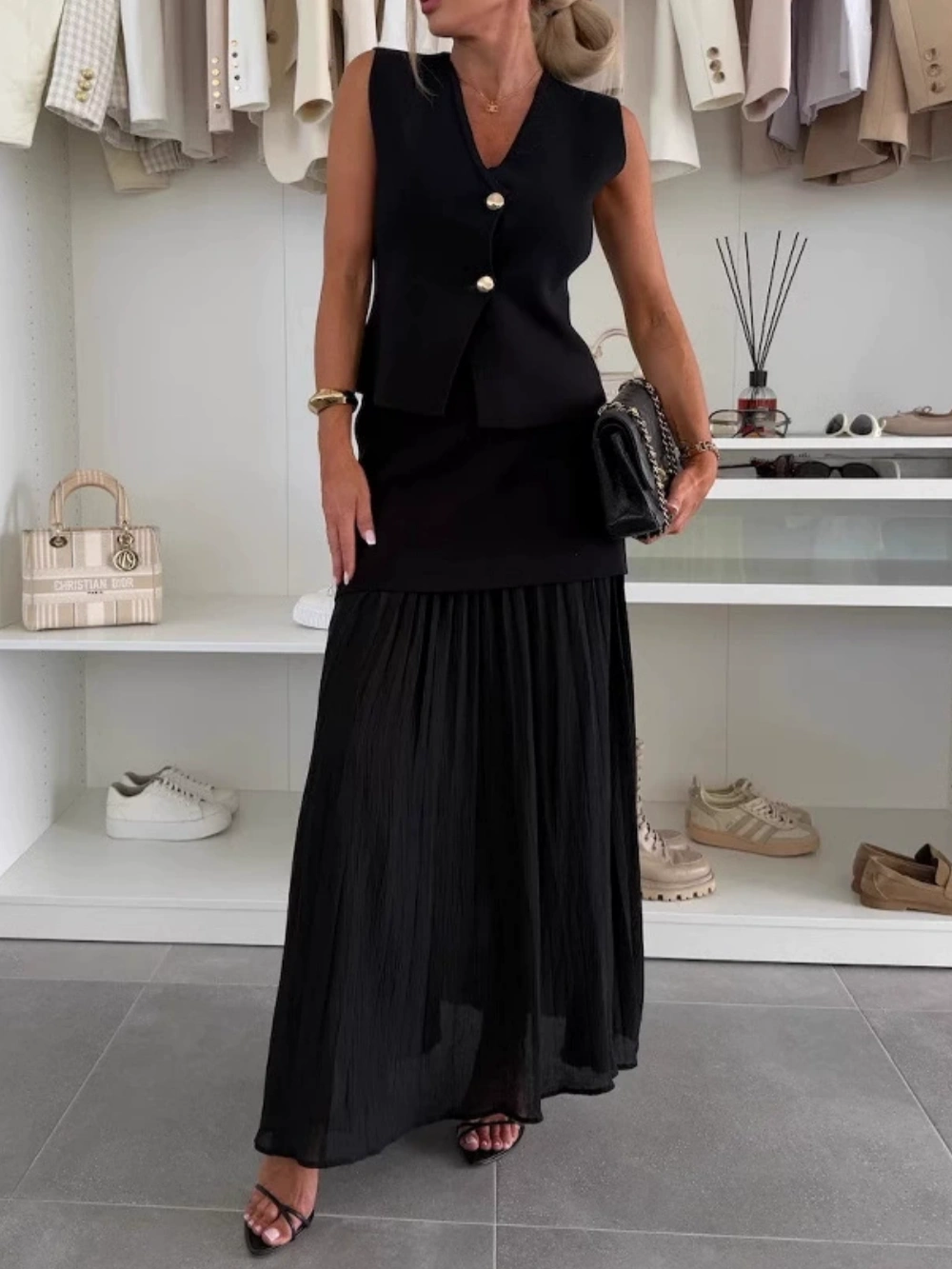 Knitted vest tulle patchwork pleated long skirt suit-thevervian