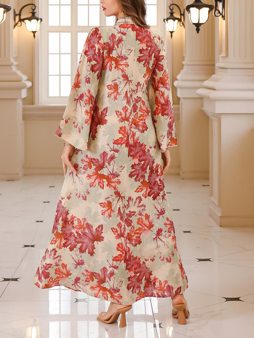 Maple Leaf Print Maxi Dress Robe-thevervian