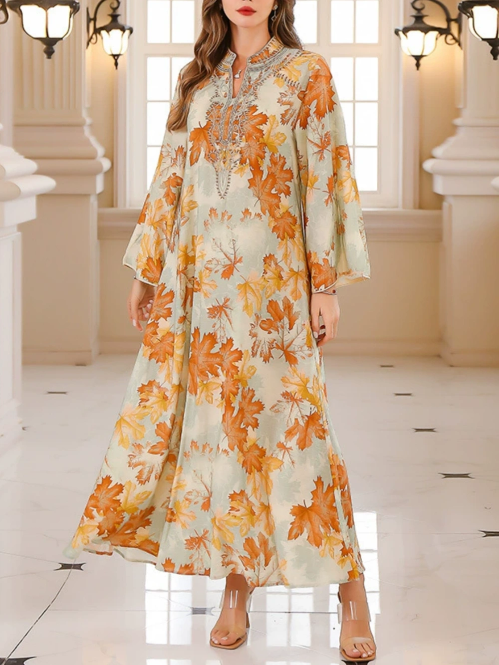 Maple Leaf Print Maxi Dress Robe-thevervian