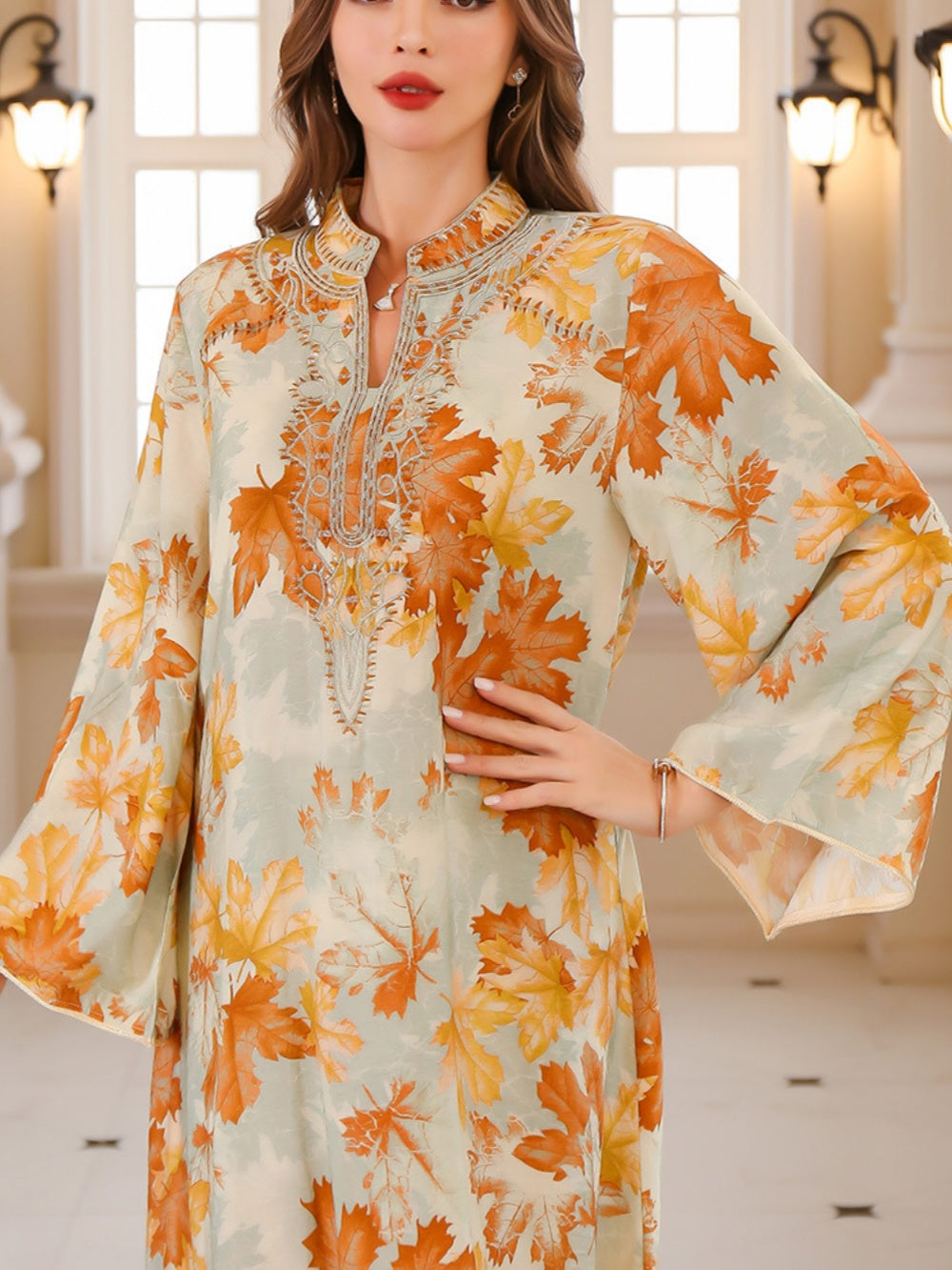 Maple Leaf Print Maxi Dress Robe-thevervian