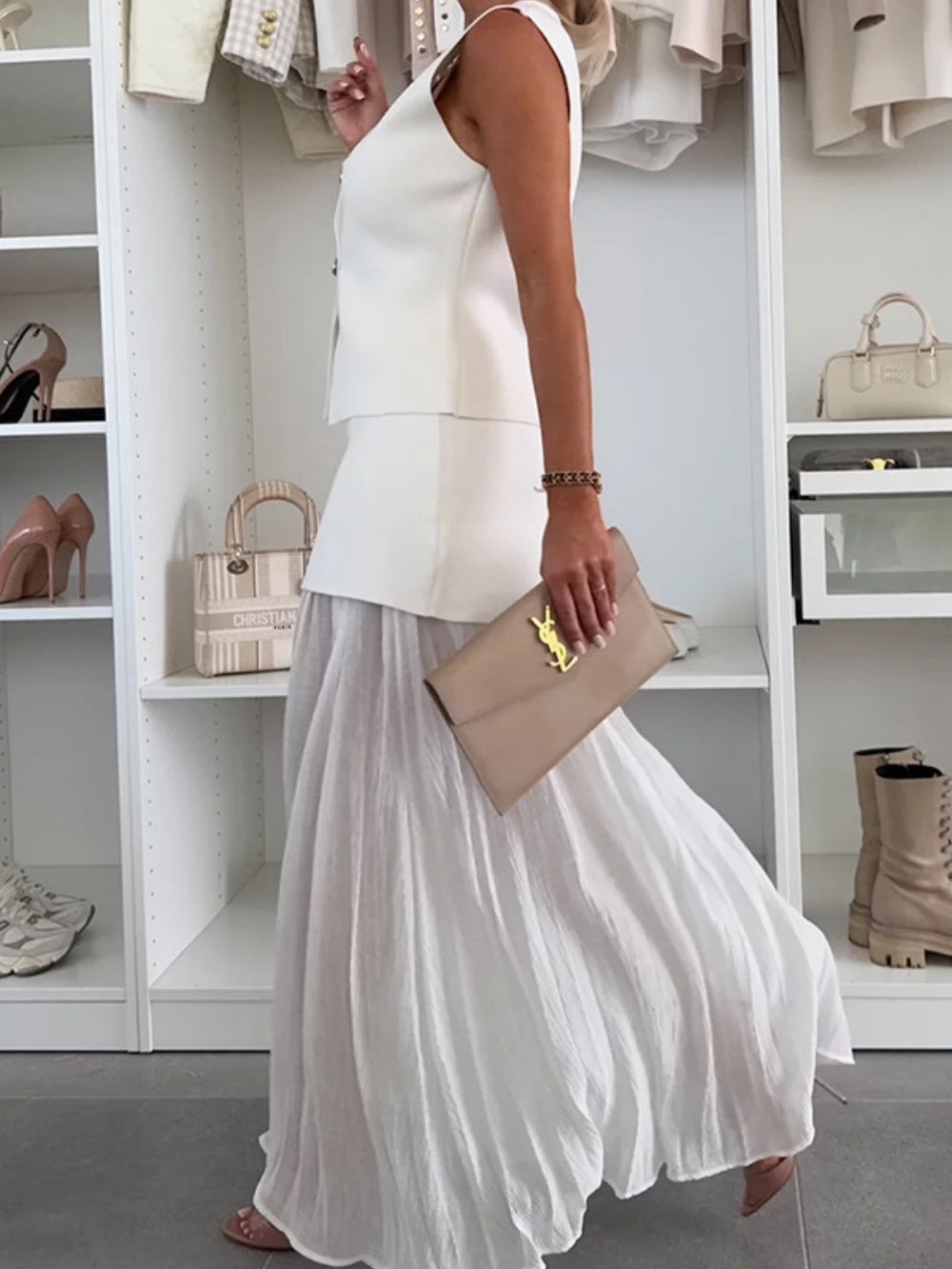Knitted vest tulle patchwork pleated long skirt suit-thevervian