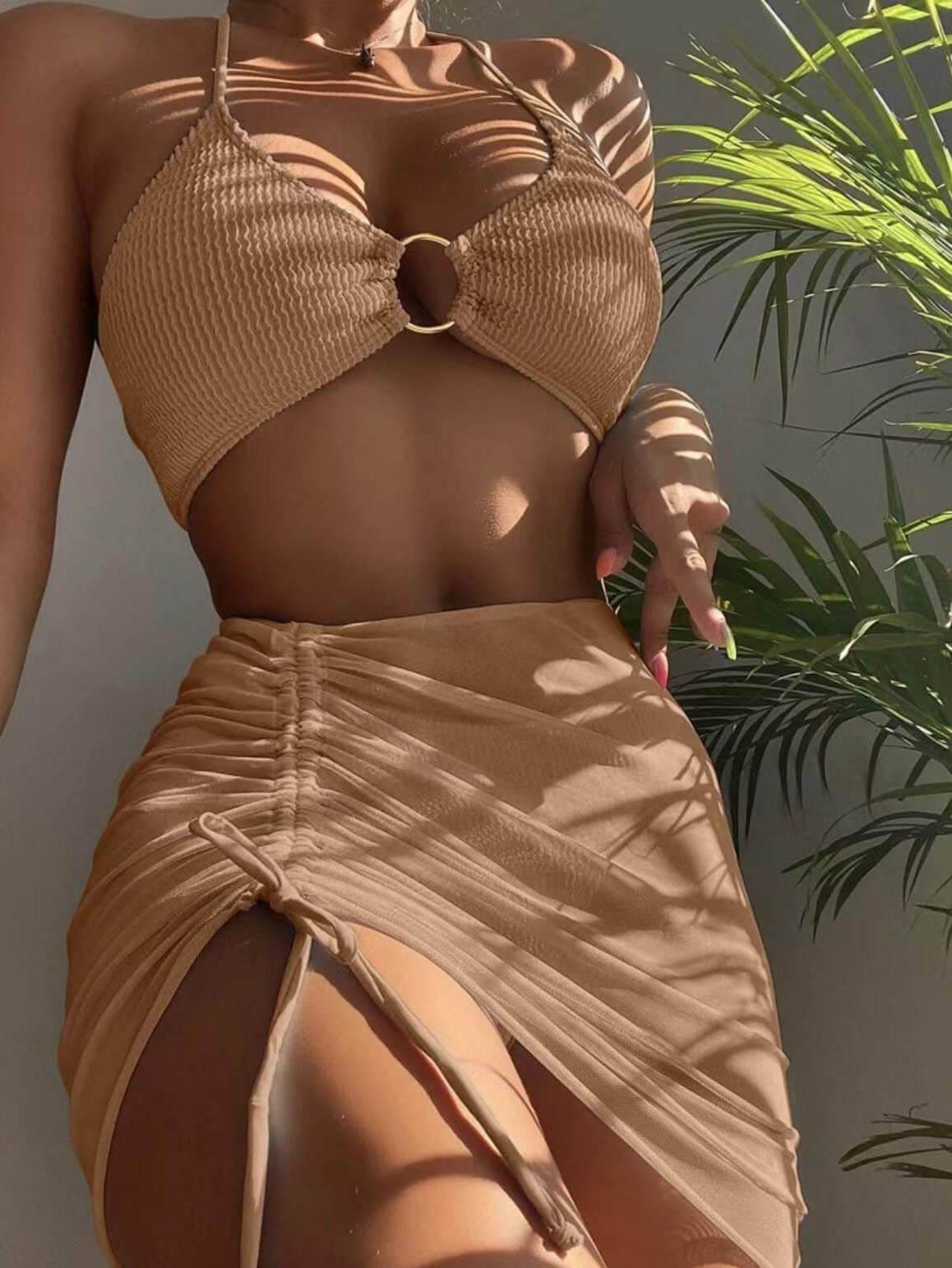 Solid Color Sexy Halterneck Three-Piece Swimsuit Bikini-thevervian
