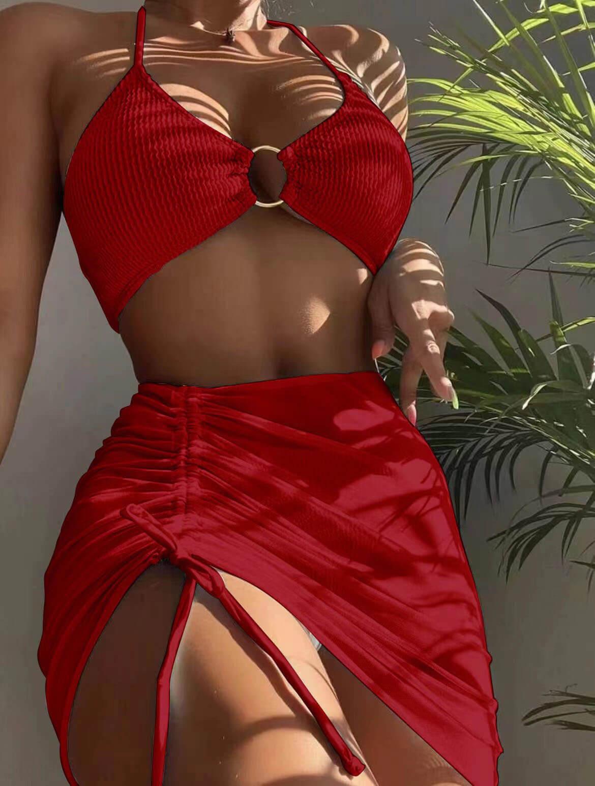 Solid Color Sexy Halterneck Three-Piece Swimsuit Bikini-thevervian