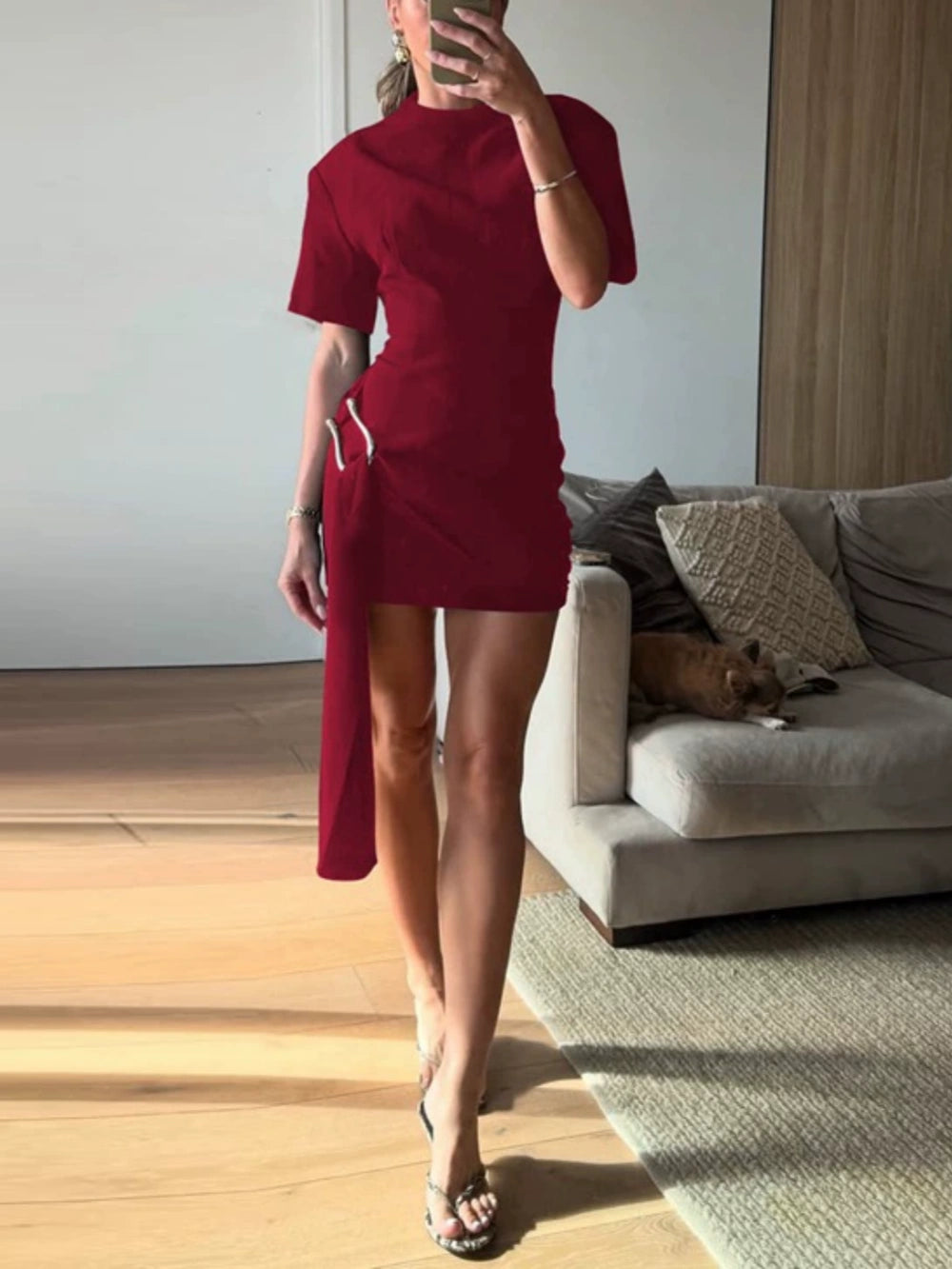 Draped Belted Mini Dress-thevervian