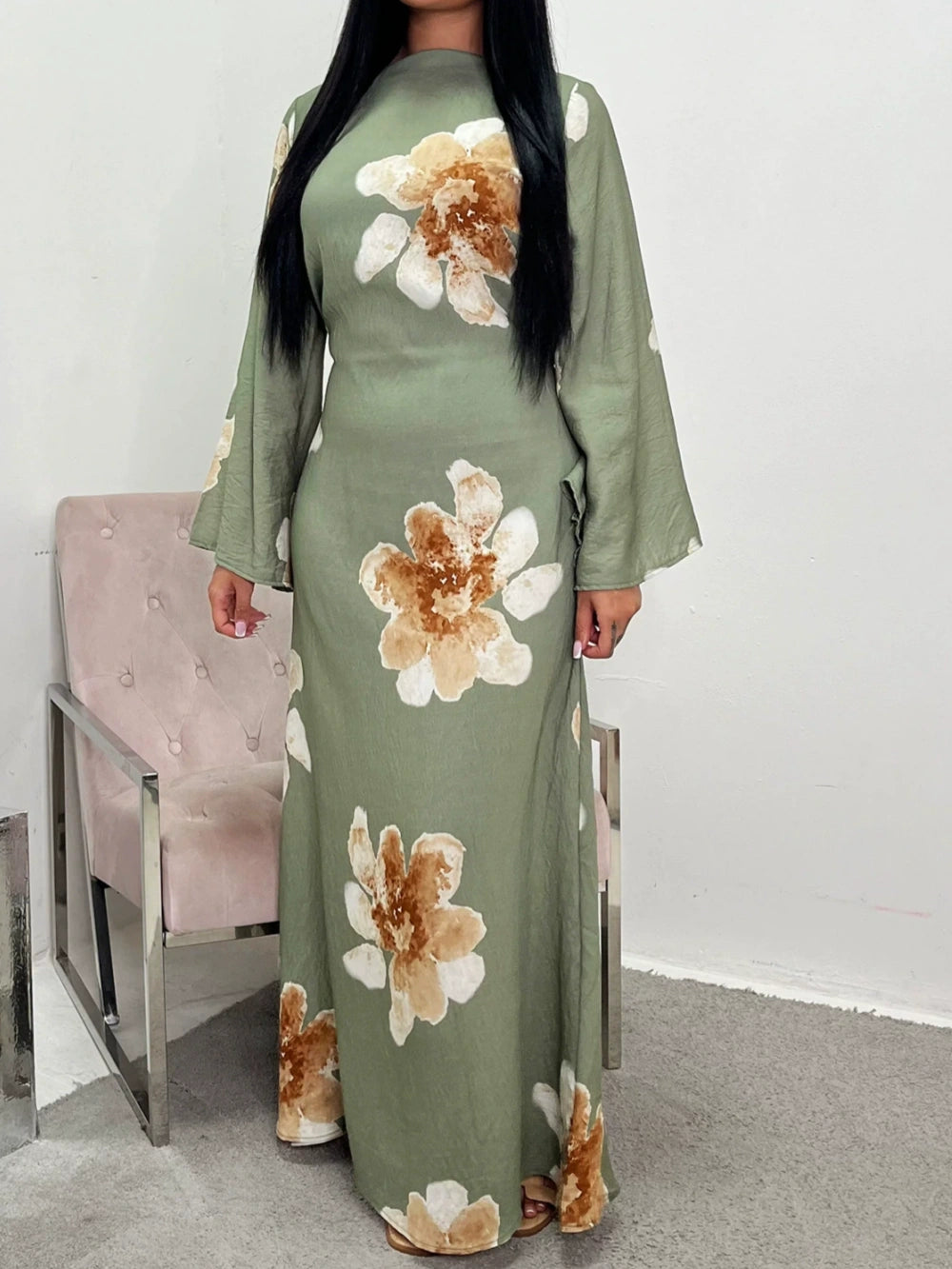 Printed dress with a tight waist maxi dress-thevervian