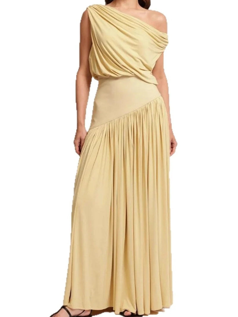 Elegant off-the-shoulder long dress with slanted neckline-thevervian