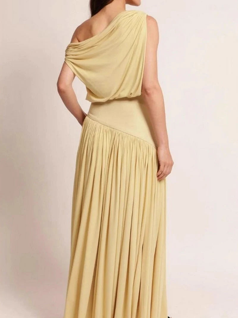 Elegant off-the-shoulder long dress with slanted neckline-thevervian