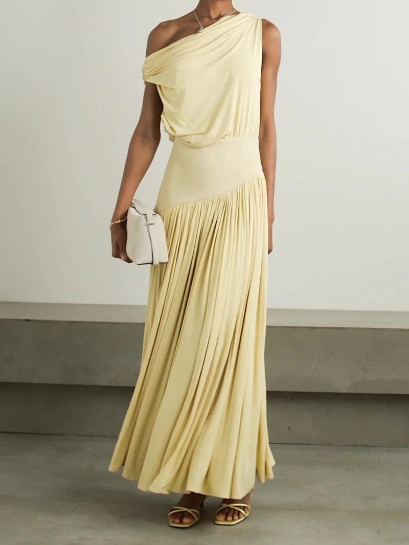 Elegant off-the-shoulder long dress with slanted neckline-thevervian