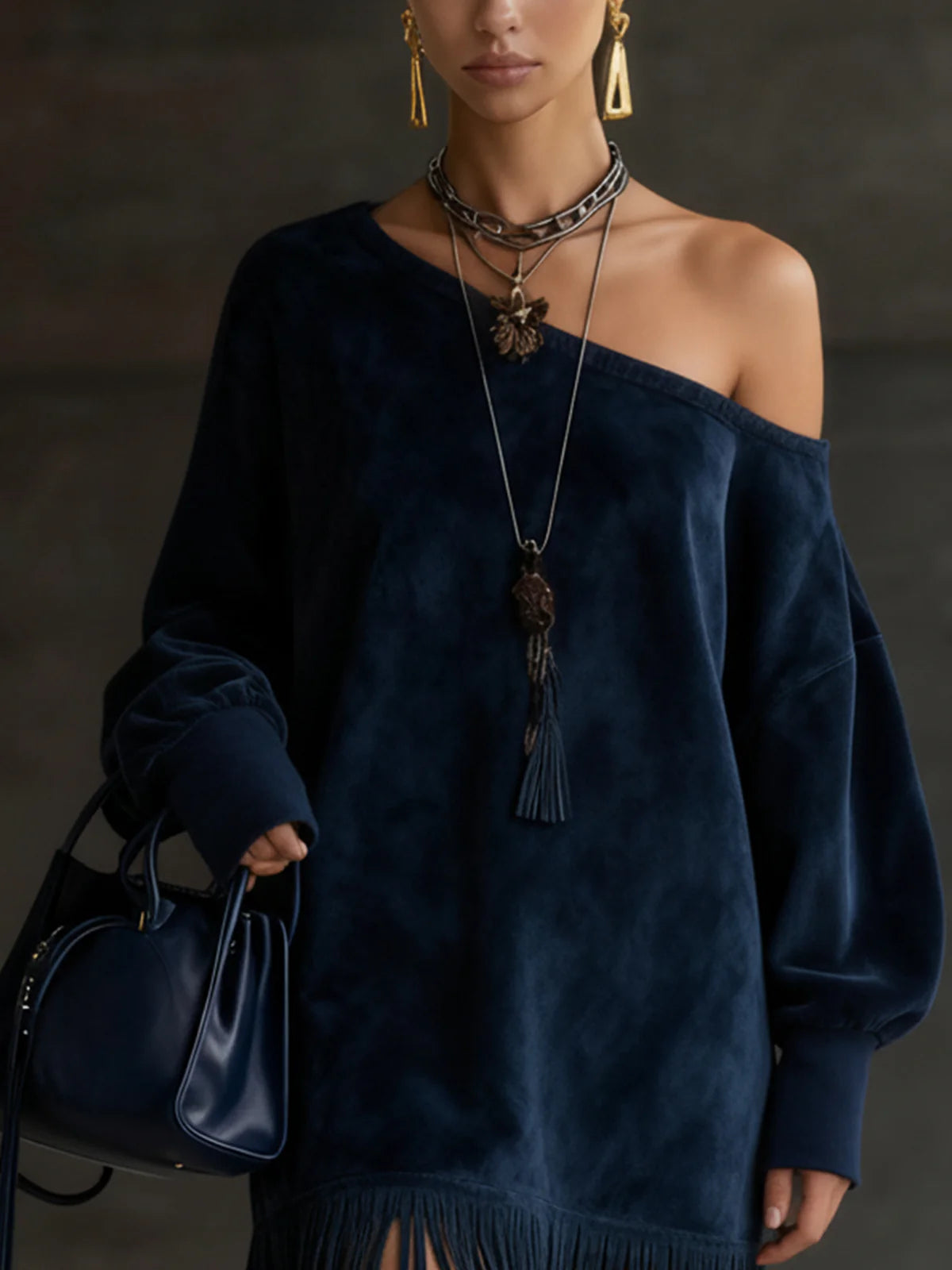 Off-Shoulder Navy Faux Suede Dress With Fringe Hem-thevervian