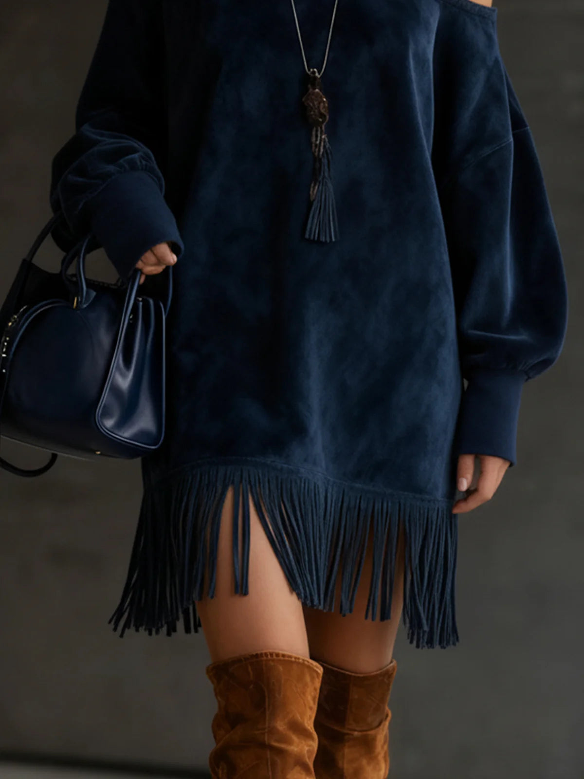 Off-Shoulder Navy Faux Suede Dress With Fringe Hem-thevervian